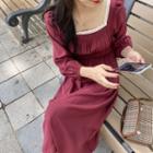 Puff-sleeve Frill Trim Shirred Dress