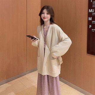 Open Front Cardigan / Long-sleeve Floral Print Midi A-line Dress