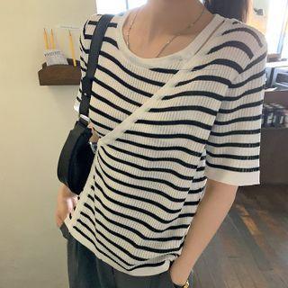 Short Sleeve Wrapped Stripe Knit Top Stripe - One Size