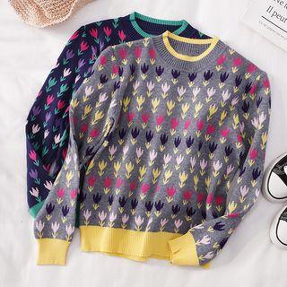 Mock-neck Floral Knitted Top