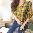 Collarless V-neck Plaid Shirt
