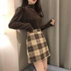Long-sleeve Velvet Top / Plaid A-line Mini Skirt / Set