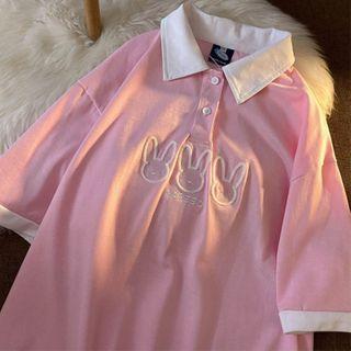 Contrast Collar Rabbit Embroidered Polo Shirt