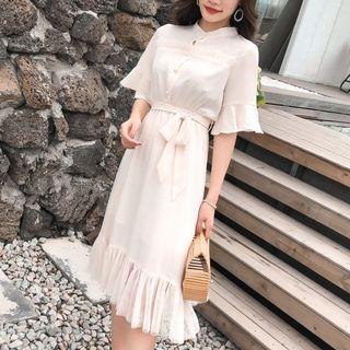 Short-sleeve Mesh Hem Chiffon Dress With Sash