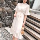 Short-sleeve Mesh Hem Chiffon Dress With Sash