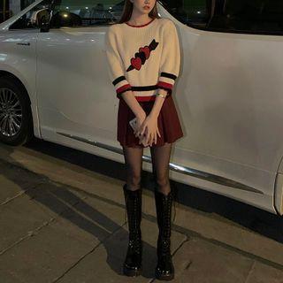 Cropped Heart Knit Sweater / Red A-line Skirt