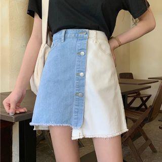 Irregular Two-tone Denim Mini A-line Skirt
