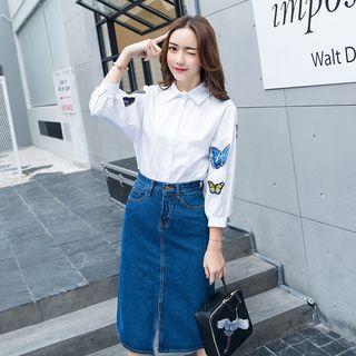 Set: Long-sleeve Blouse + Slit-hem Skirt