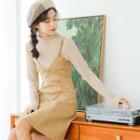 Set: Long-sleeve Mock Neck Striped T-shirt + Spaghetti Strap Mini A-line Dress
