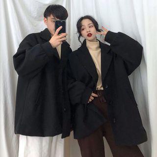 Couple Matching Notch-lapel Buttoned Jacket Black - One Size