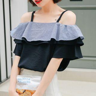 Elbow-sleeve Plaid Panel Top