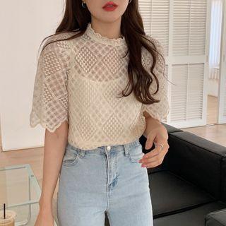 Short-sleeve Ruffle Trim Crochet Blouse Beige - One Size