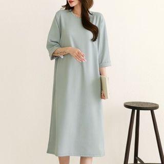 Rollup-sleeve Crinkled Midi Dress