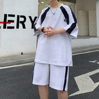 Set: Elbow-sleeve T-shirt + Side-button Wide-leg Shorts
