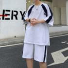 Set: Elbow-sleeve T-shirt + Side-button Wide-leg Shorts