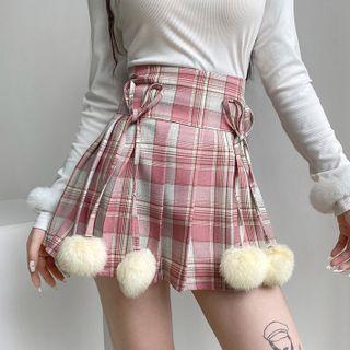 Plaid Pleated Pom Pom-accent Mini A-line Skirt