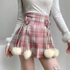 Plaid Pleated Pom Pom-accent Mini A-line Skirt