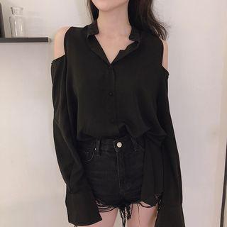 Cold Shoulder Long-sleeve Top Black - One Size