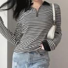 Long Sleeve Striped Polo Zip-front Top