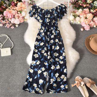 Floral Print Ruffled Off-shoulder Wide-leg Jumpsuit