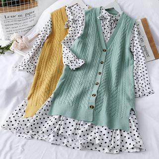 Set: Ribbon-neckline Dotted Dress + Long Knit Vest