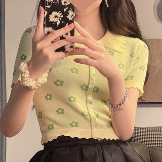 Short-sleeve Flower Print Collared Knit Top