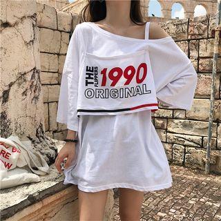 3/4-sleeve Lettering Mock Two-piece T-shirt