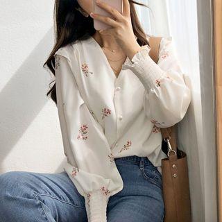 White V-neck Long-sleeve Floral Blouse As Shown In Figure - One Size