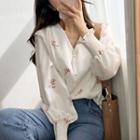 White V-neck Long-sleeve Floral Blouse As Shown In Figure - One Size