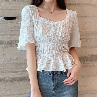 Crinkled Short-sleeve Square-neck Blouse