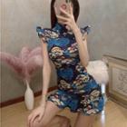 Cap-sleeve Print Mini Qipao Dress