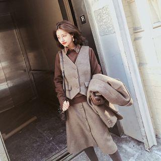 Single-breasted Blazer / V-neck Vest / High Waist A-line Skirt