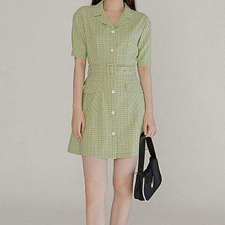 Belted Short-sleeve Check Shirtdress