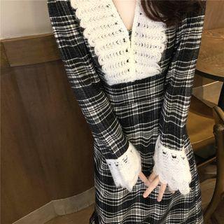 Plaid V-neck Long-sleeve Slim-fit Dress