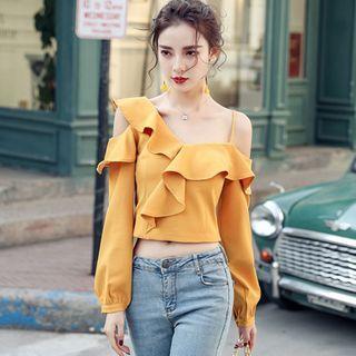 Long-sleeve Ruffle Cold-shoulder Blouse