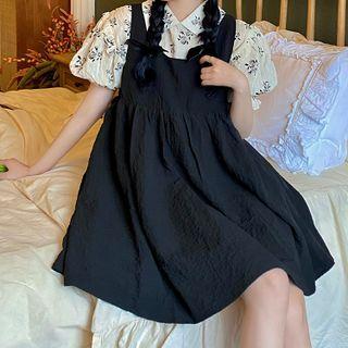 Puff-sleeve Floral Blouse / Mini A-line Overall Dress / Set