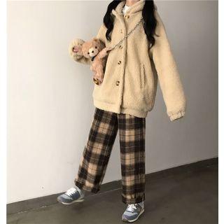 Hooded Fleece Button Jacket / Plaid Straight Fit Pants