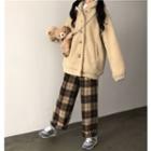 Hooded Fleece Button Jacket / Plaid Straight Fit Pants