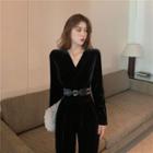 Long-sleeve V-neck Velvet Straight-leg Jumpsuit