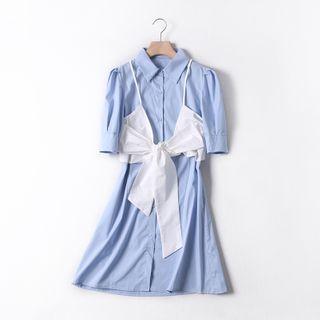 Set: Short-sleeve Mini A-line Shirt Dress + Vest