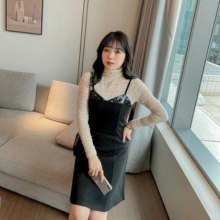 Mock Two-piece Long-sleeve Lace Panel Embellished A-line Dress