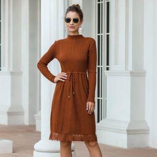 Mock Neck Lace-trim Tie-waist Sweater Dress