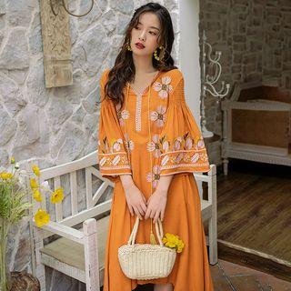 Flower Embroidered Long-sleeve A-line Midi Dress