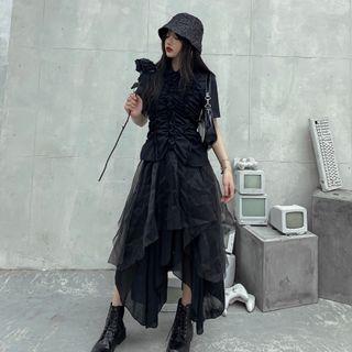 Set: Ruffle Trim Shirred Blouse + Irregular Mesh Midi A-line Skirt Set - Black - One Size