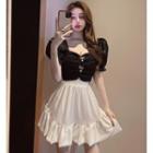 Short-sleeve Lace Trim Blouse / Ruffle Hem Mini A-line Skirt