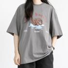 Round Neck Bear Print Over-sized Elbow Sleeve T-shirt