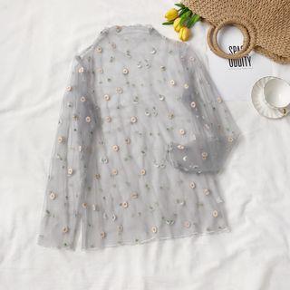Floral Embroidered Long-sleeve Mesh Top