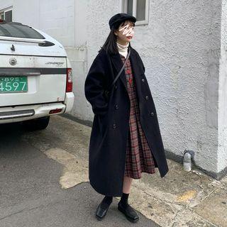 Double-breasted Coat / Plaid Sleeveless A-line Dress