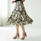 Linen Blend Patterned Midi Flare Skirt