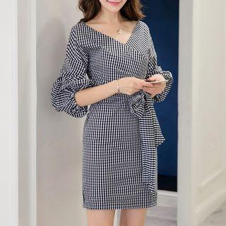 V-neck Lantern-sleeve Sheath Dress